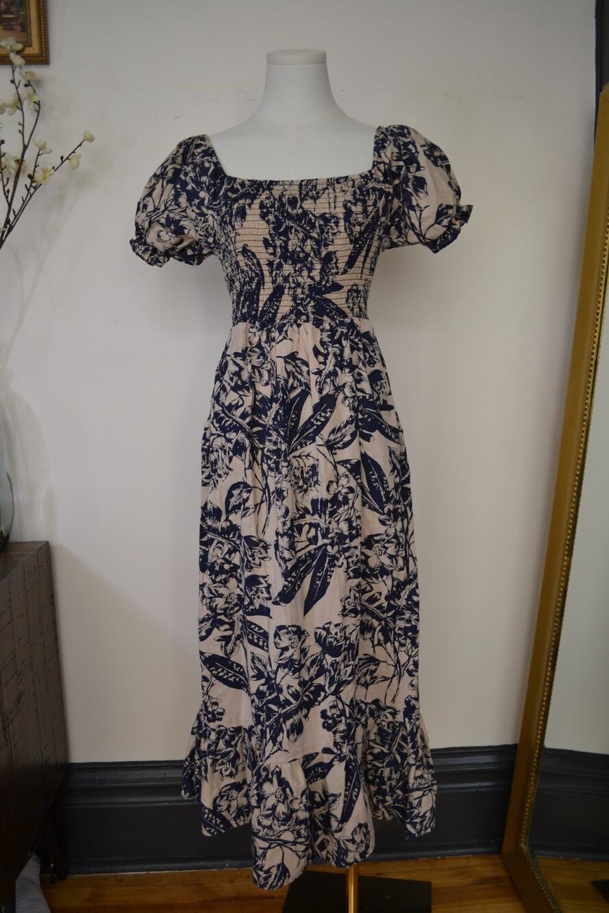 Garden Cottagecore Milkmaid Puff sleeve Floral Cotton/Linen Blend Maxi Dress